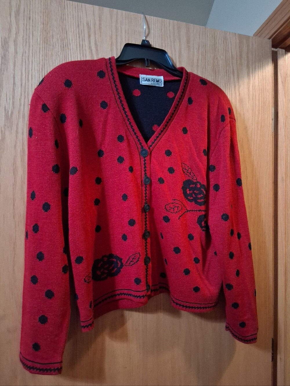 vintage San Remo by Laura Knits knit cardigan sweater, bold red and black color